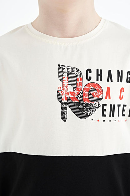 Ecru Print Detailed Color Block Standard Fit O Collar Boys T-Shirt - 11107