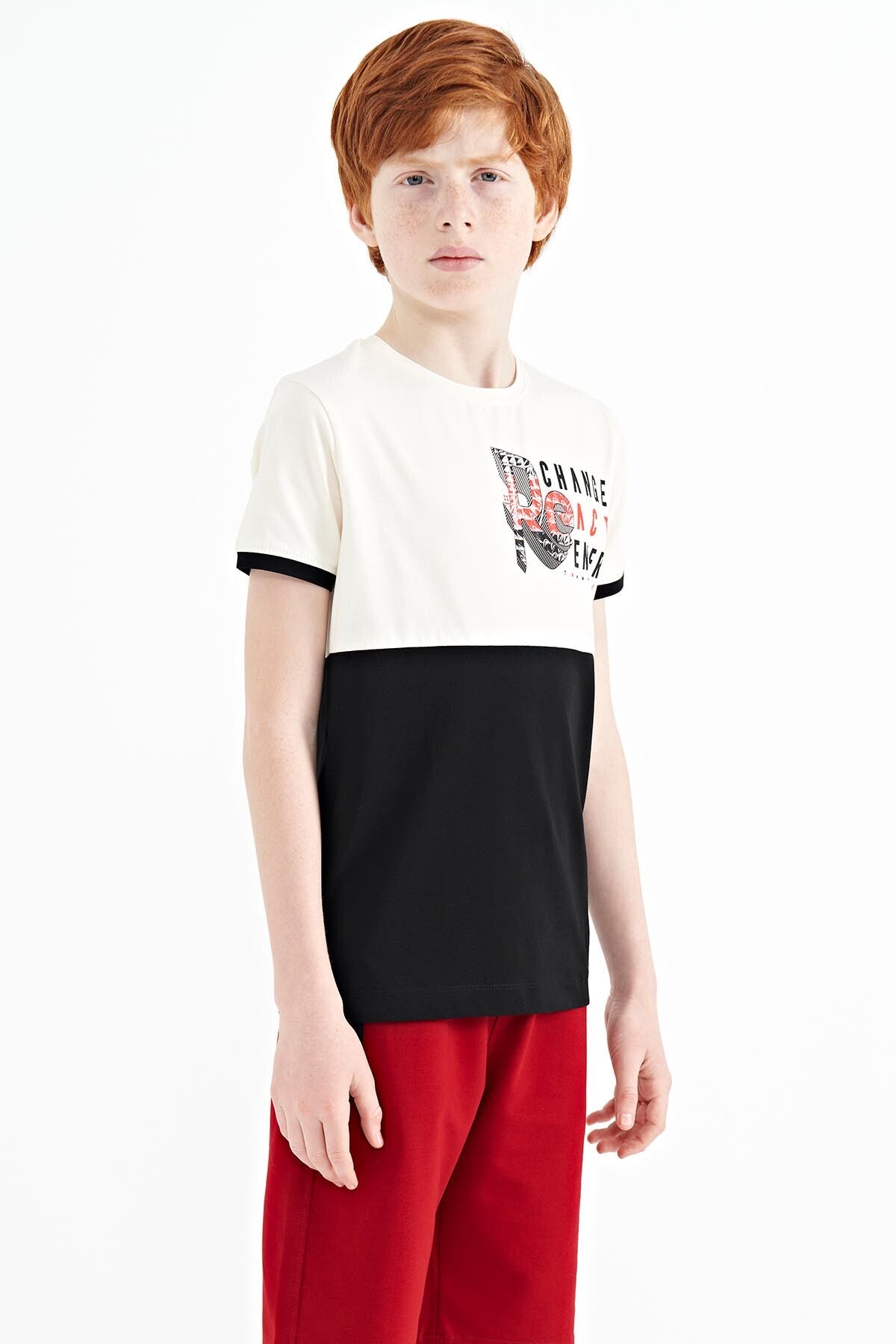 Ecru Print Detailed Color Block Standard Fit O Collar Boys T-Shirt - 11107