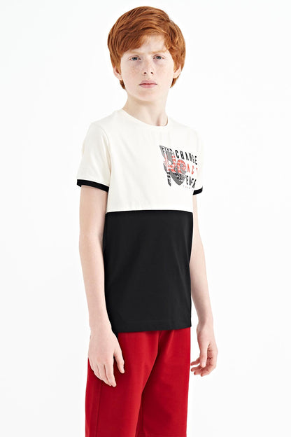 Ecru Print Detailed Color Block Standard Fit O Collar Boys T-Shirt - 11107