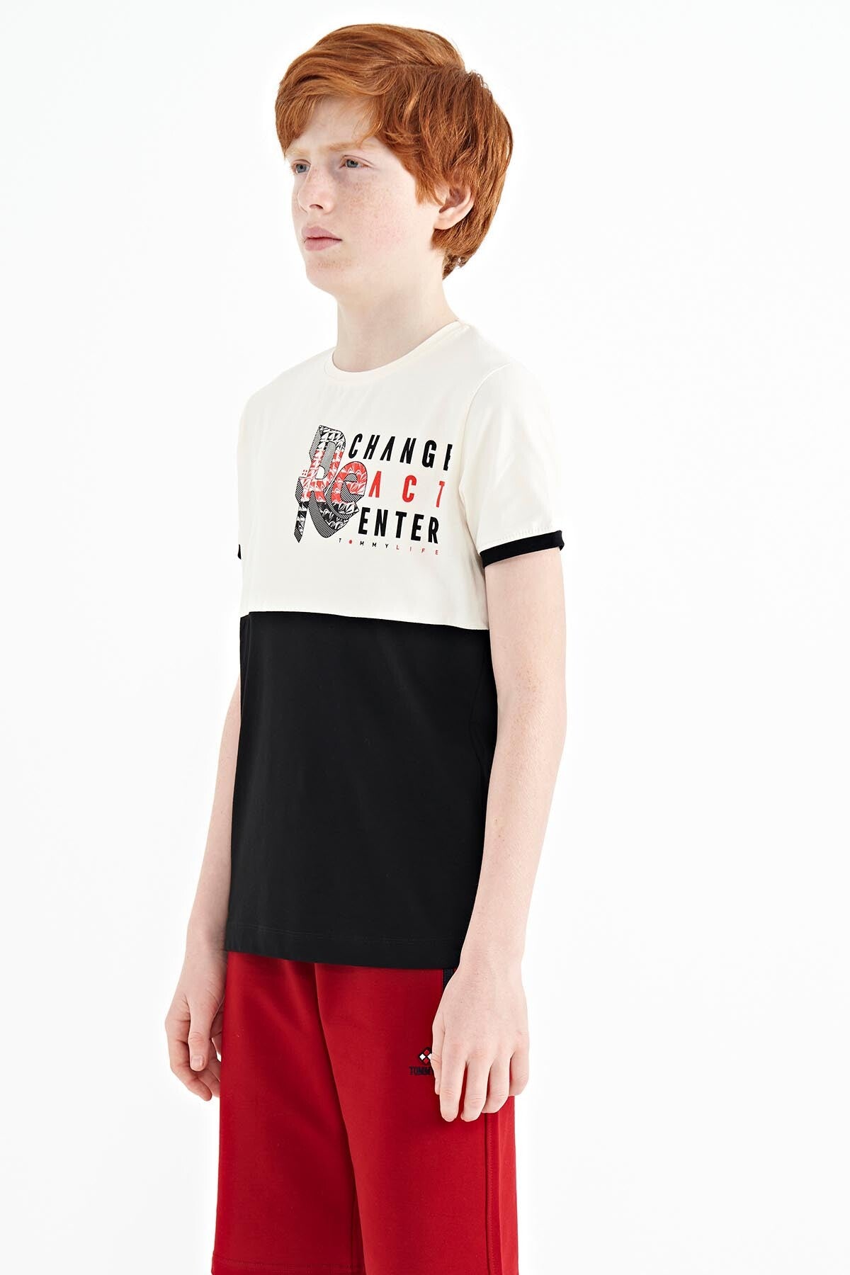 Ecru Print Detailed Color Block Standard Fit O Collar Boys T-Shirt - 11107