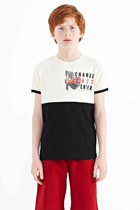 Ecru Print Detailed Color Block Standard Fit O Collar Boys T-Shirt - 11107