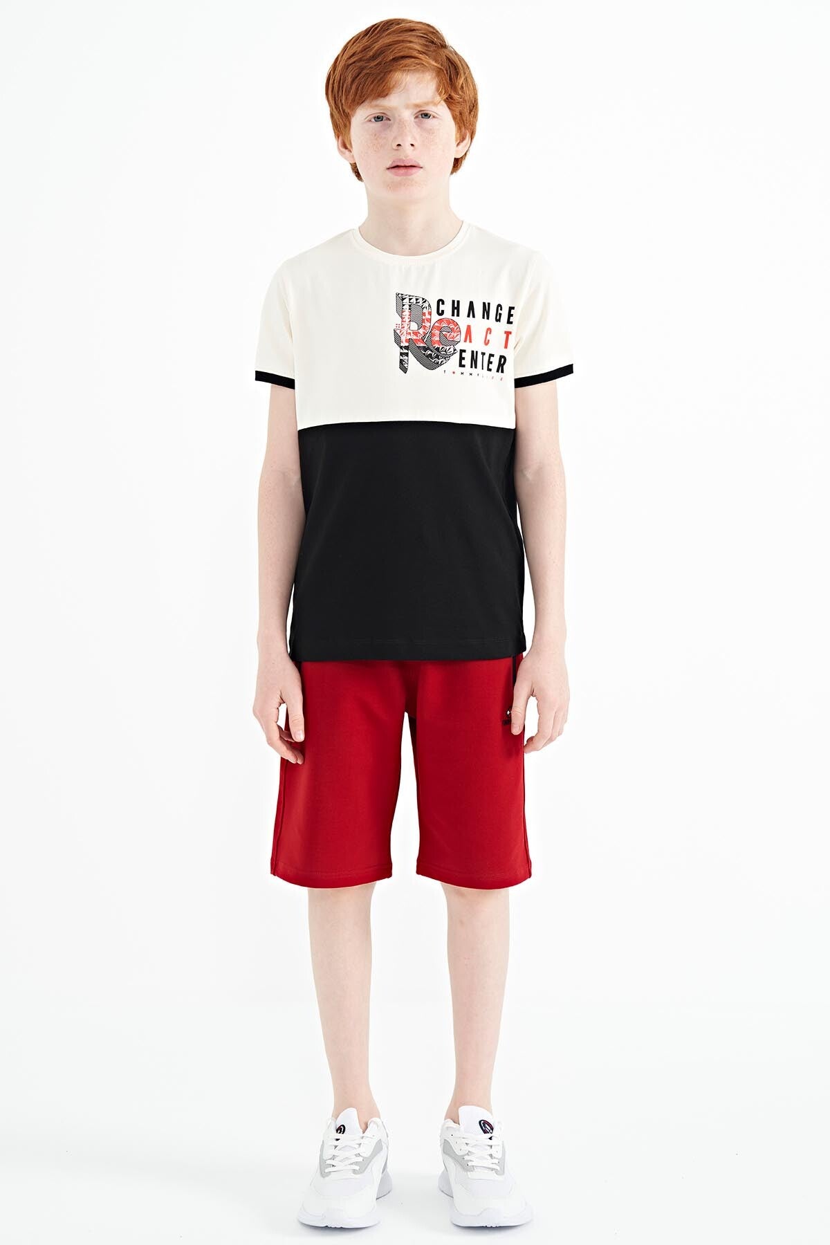 Ecru Print Detailed Color Block Standard Fit O Collar Boys T-Shirt - 11107