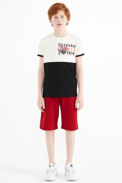 Ecru Print Detailed Color Block Standard Fit O Collar Boys T-Shirt - 11107