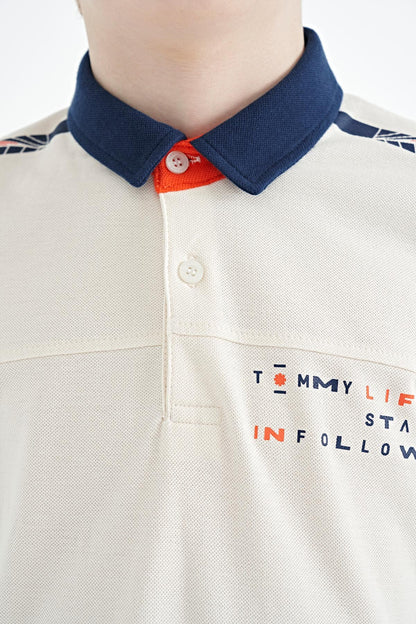 Ecru Print Detailed Standard Mold Polo Collar Boys T-Shirt - 11140