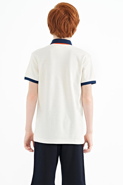 Ecru Print Detailed Standard Mold Polo Collar Boys T-Shirt - 11140