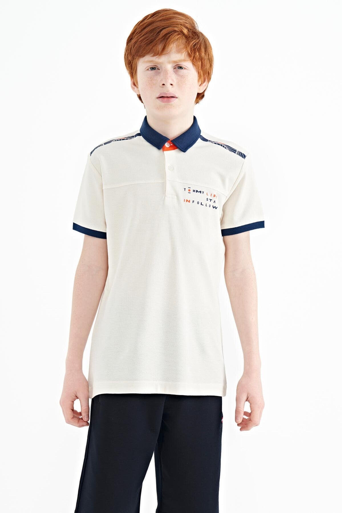 Ecru Print Detailed Standard Mold Polo Collar Boys T-Shirt - 11140