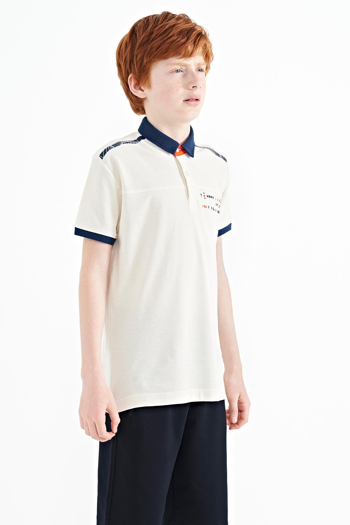 Ecru Print Detailed Standard Mold Polo Collar Boys T-Shirt - 11140