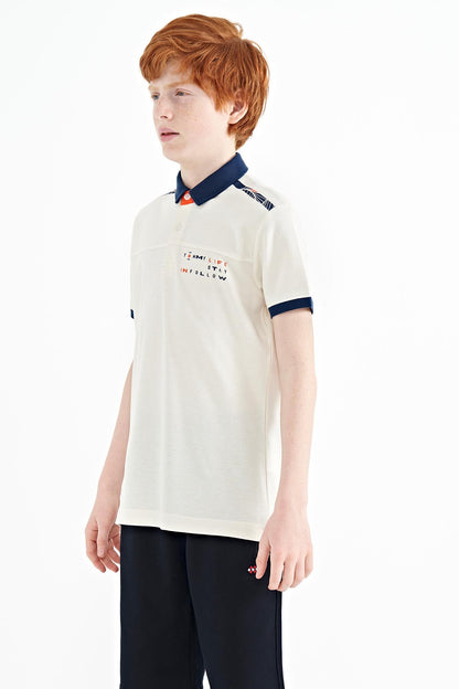 Ecru Print Detailed Standard Mold Polo Collar Boys T-Shirt - 11140