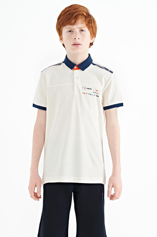 Ecru Print Detailed Standard Mold Polo Collar Boys T-Shirt - 11140