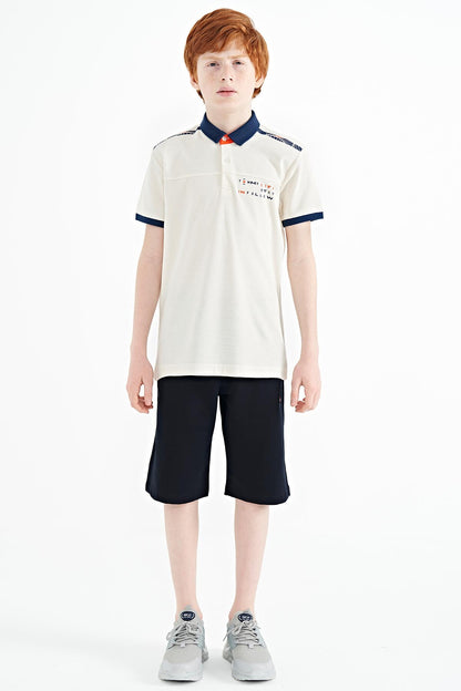 Ecru Print Detailed Standard Mold Polo Collar Boys T-Shirt - 11140