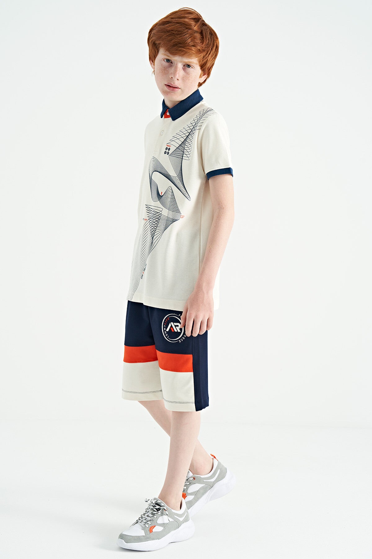 Ecru Print Detailed Standard Mold Polo Collar Boys' T-Shirt - 11164