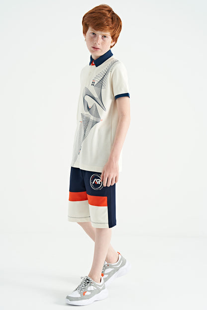 Ecru Print Detailed Standard Mold Polo Collar Boys' T-Shirt - 11164