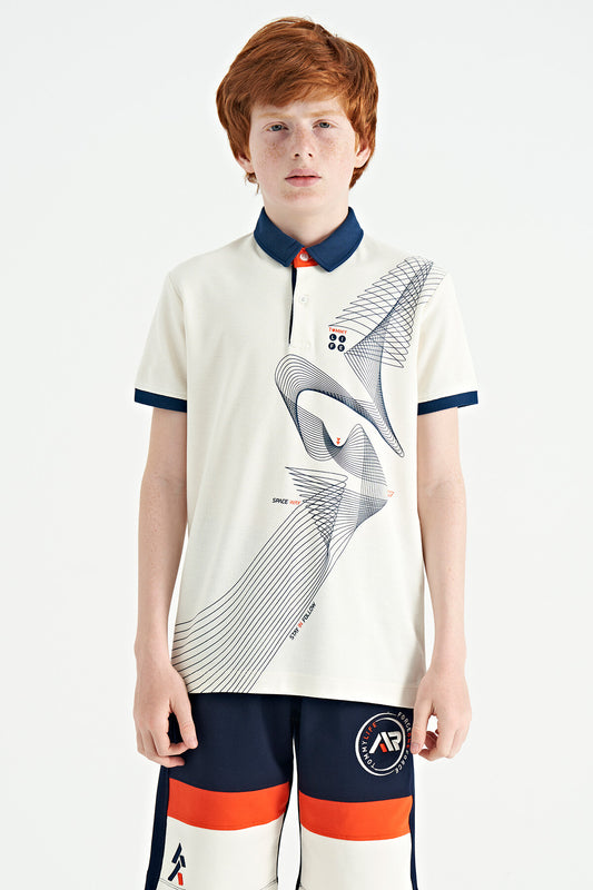 Ecru Print Detailed Standard Mold Polo Collar Boys' T-Shirt - 11164