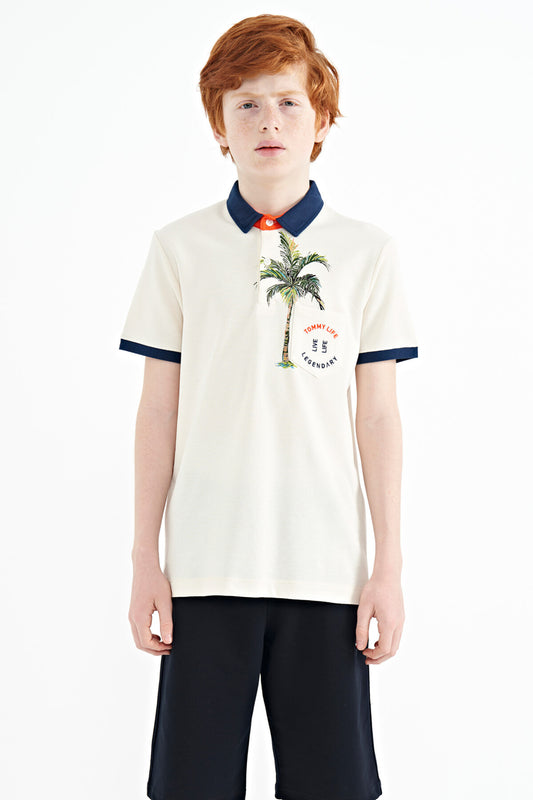 Printed Pocket Detailed Standard Mold Polo Collar Boys T-Shirt - 11144
