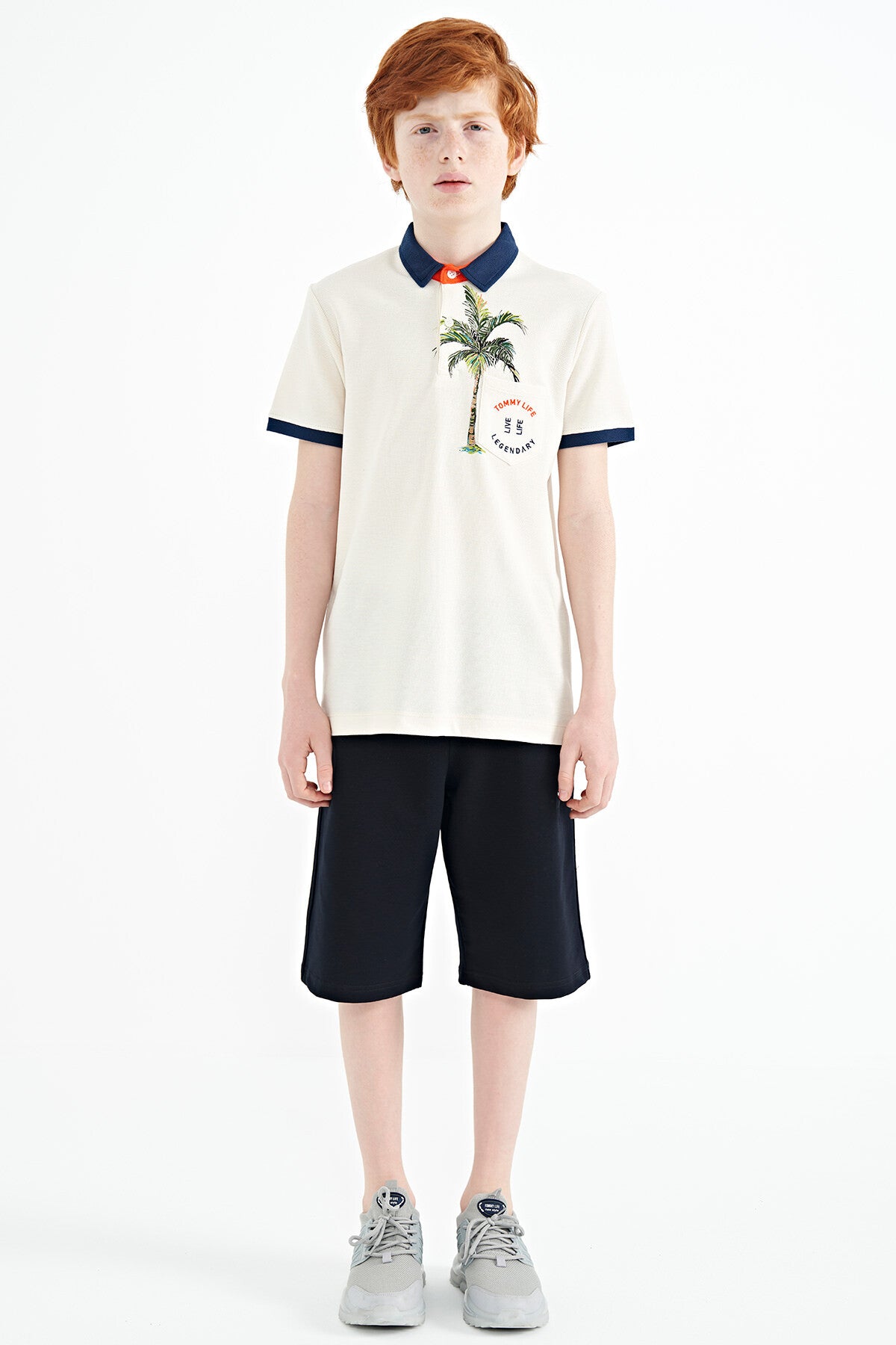Printed Pocket Detailed Standard Mold Polo Collar Boys T-Shirt - 11144