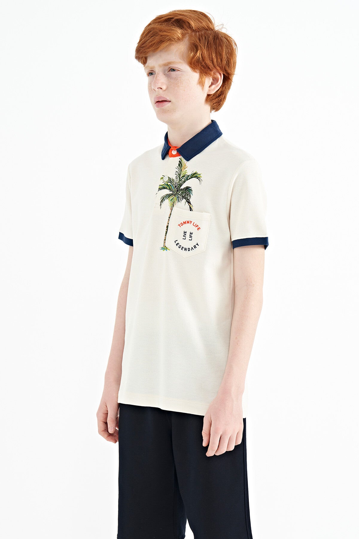 Printed Pocket Detailed Standard Mold Polo Collar Boys T-Shirt - 11144