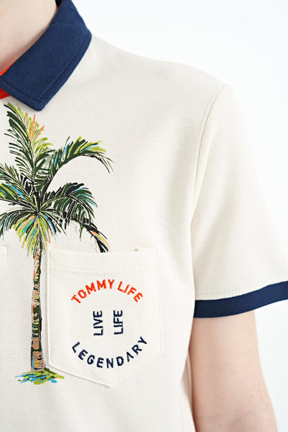 Printed Pocket Detailed Standard Mold Polo Collar Boys T-Shirt - 11144