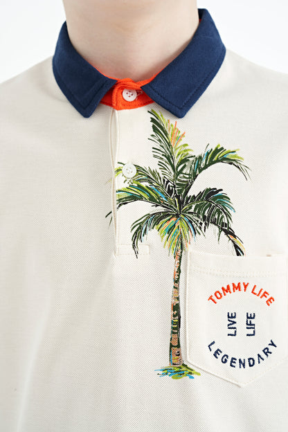 Printed Pocket Detailed Standard Mold Polo Collar Boys T-Shirt - 11144
