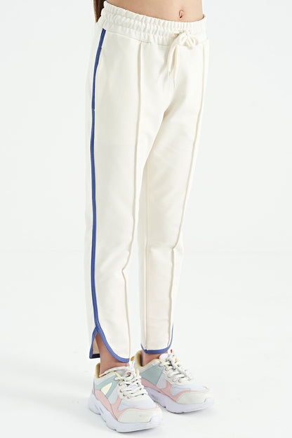 Ecru Beige Detailed Laced Wide-Legged Girls' Tracksuit Bottom - 75124