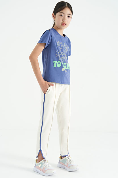 Ecru Beige Detailed Laced Wide-Legged Girls' Tracksuit Bottom - 75124