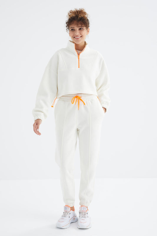 Low Shoulder Waist Gathered Half Zip Oversized Women's Tracksuit Set - 95321