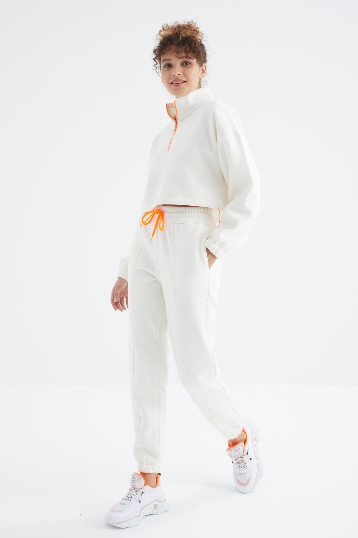 Low Shoulder Waist Gathered Half Zip Oversized Women's Tracksuit Set - 95321
