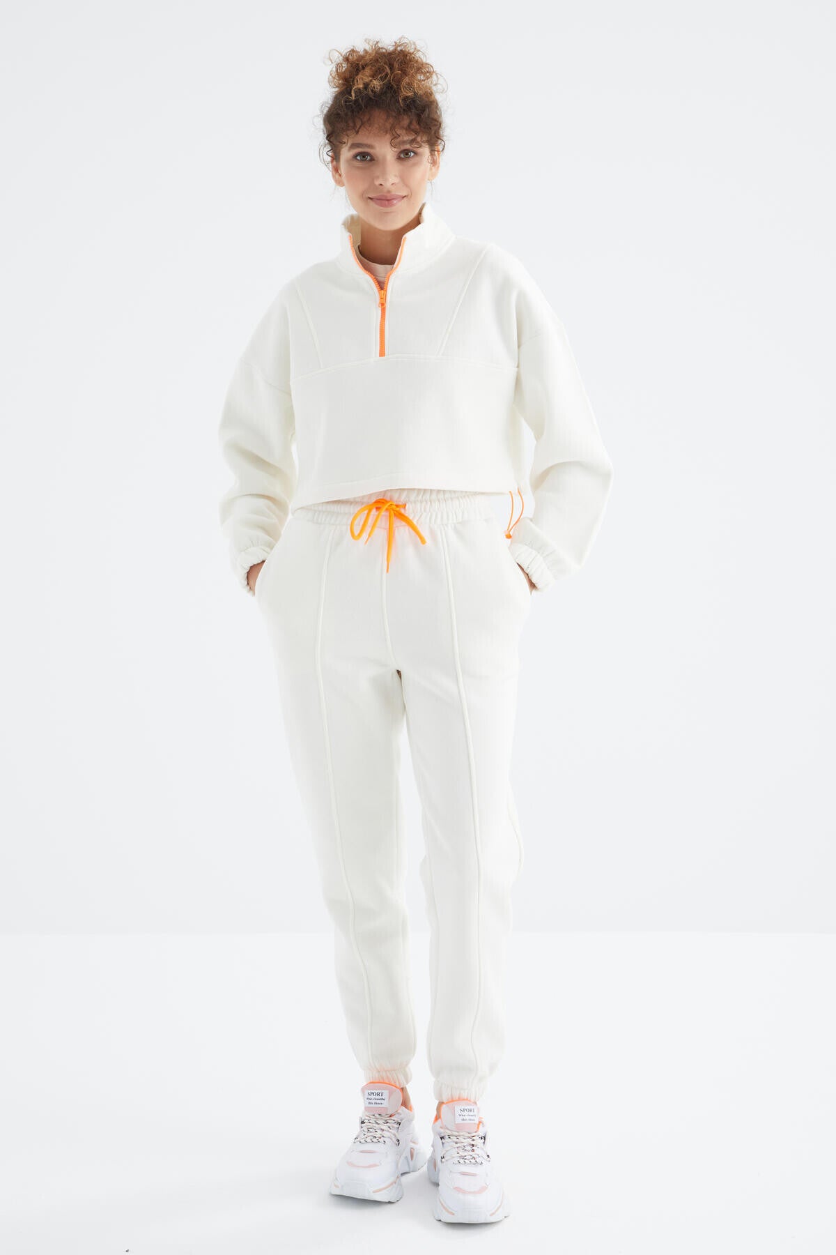 Low Shoulder Waist Gathered Half Zip Oversized Women's Tracksuit Set - 95321