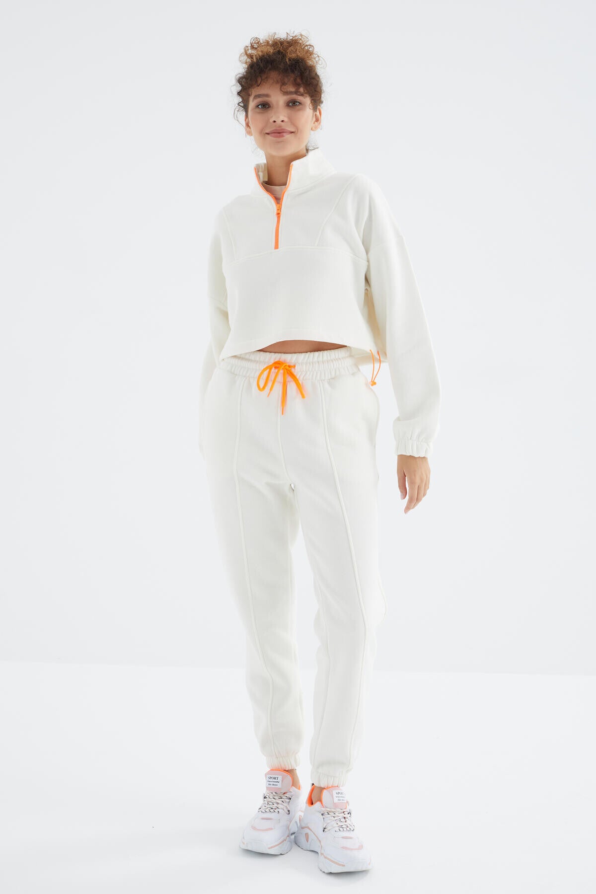 Low Shoulder Waist Gathered Half Zip Oversized Women's Tracksuit Set - 95321