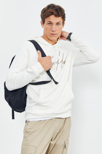 Ecru Embroidered Hooded Comfort Fit Men's Sweatshirt - 88007