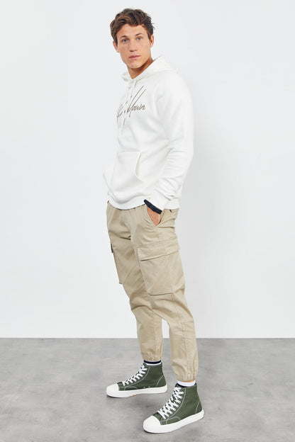 Ecru Embroidered Hooded Comfort Fit Men's Sweatshirt - 88007