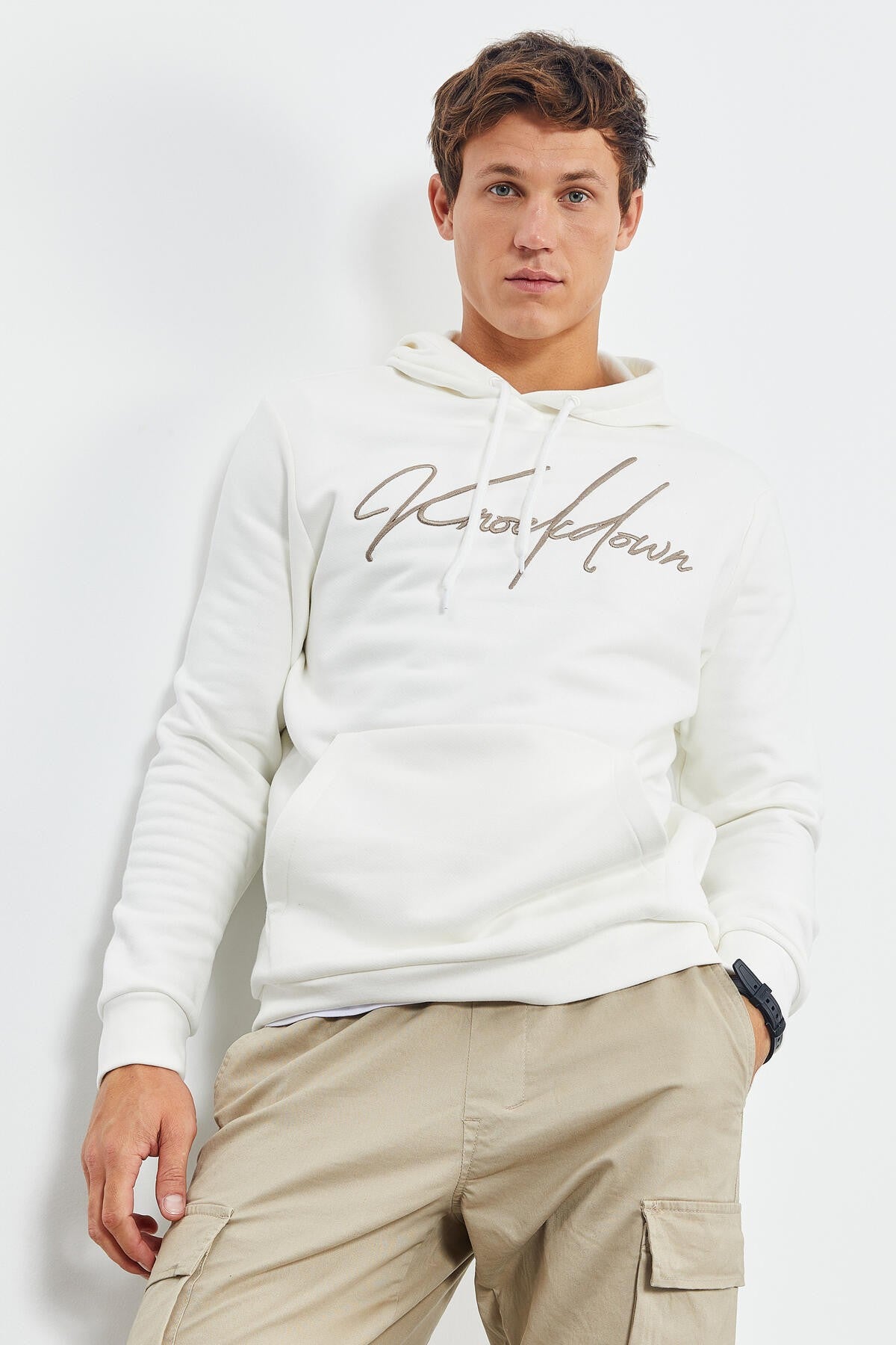 Ecru Embroidered Hooded Comfort Fit Men's Sweatshirt - 88007