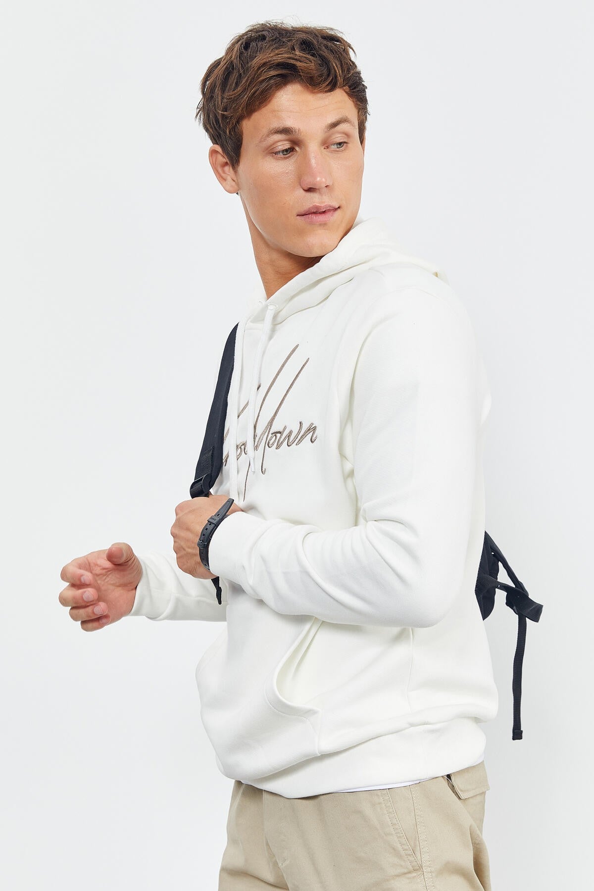 Ecru Embroidered Hooded Comfort Fit Men's Sweatshirt - 88007