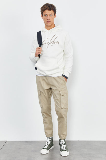 Ecru Embroidered Hooded Comfort Fit Men's Sweatshirt - 88007