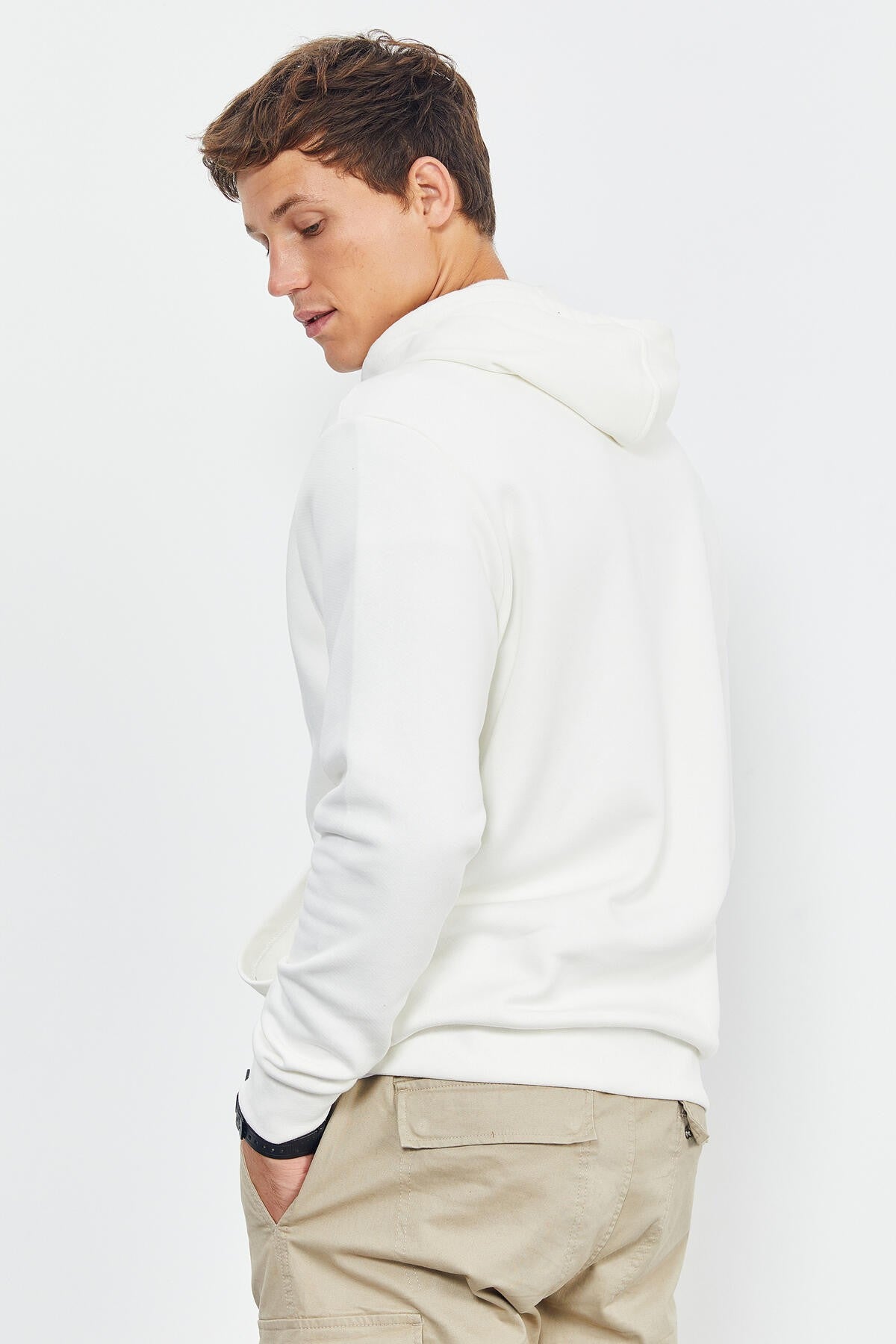 Ecru Embroidered Hooded Comfort Fit Men's Sweatshirt - 88007