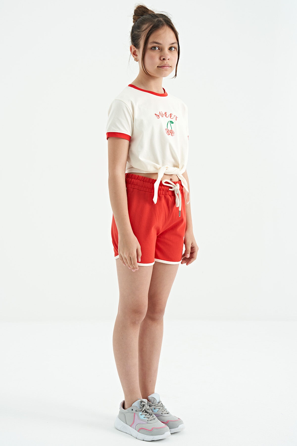 Ecru - Fiesta O Collar Printed Knot Detailed Relax Fit Girls' Shorts Set - 75132