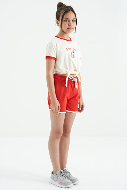 Ecru - Fiesta O Collar Printed Knot Detailed Relax Fit Girls' Shorts Set - 75132