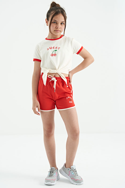 Ecru - Fiesta O Collar Printed Knot Detailed Relax Fit Girls' Shorts Set - 75132