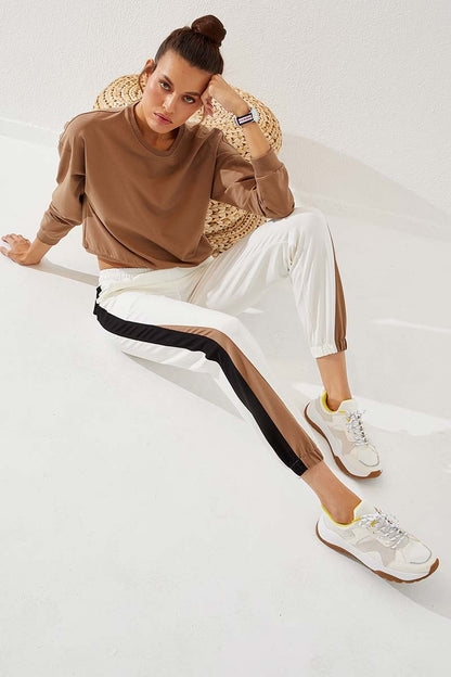Ecru Two-Tone Striped Comfort Fit Elastic Cuff Women's Tracksuit Bottom - 94582