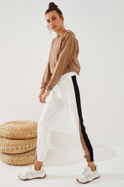 Ecru Two-Tone Striped Comfort Fit Elastic Cuff Women's Tracksuit Bottom - 94582