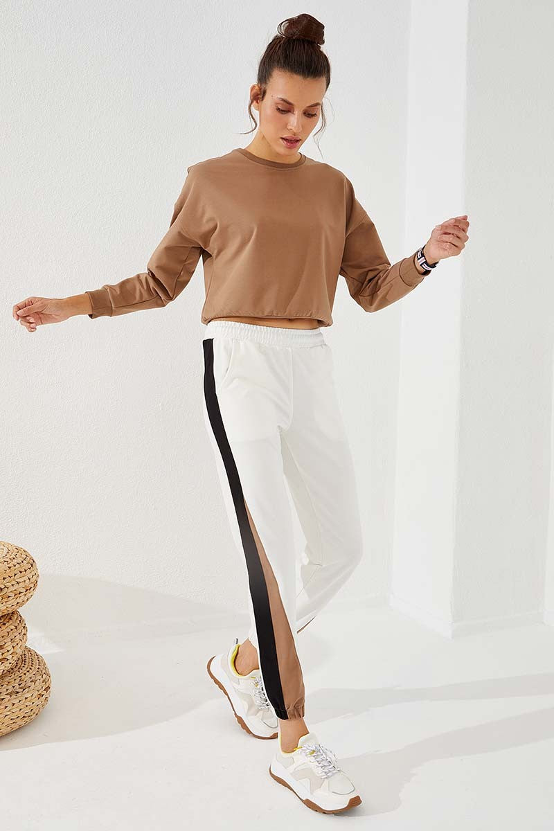 Ecru Two-Tone Striped Comfort Fit Elastic Cuff Women's Tracksuit Bottom - 94582