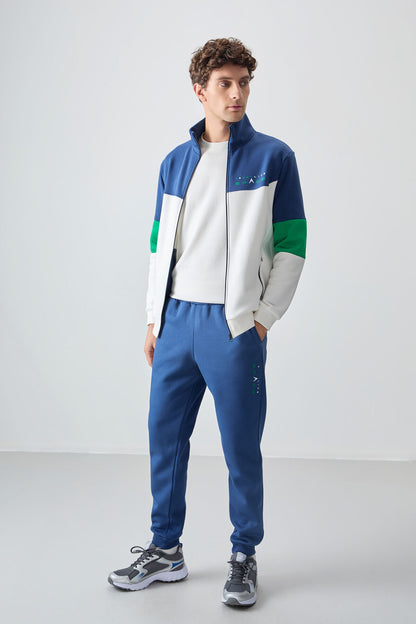 Indigo Stand Collar Color Transition Fleece-Lined Men's Tracksuit Set - 85186