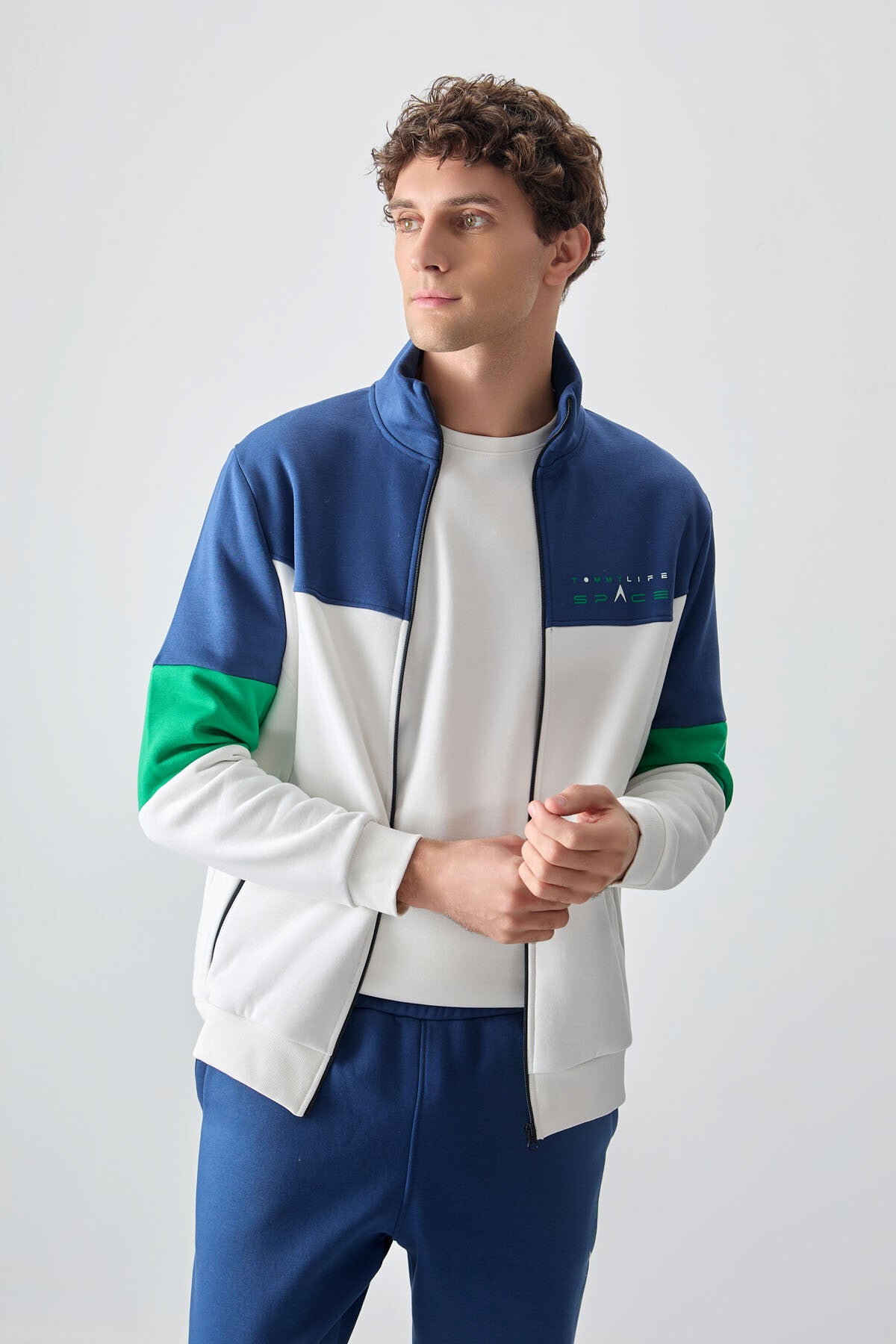 Indigo Stand Collar Color Transition Fleece-Lined Men's Tracksuit Set - 85186