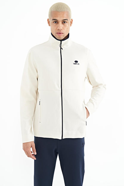Ecru - Indigo Embroidered Logo Stand Collar Zippered Hidden Pocket Detailed Men's Tracksuit Set - 85201