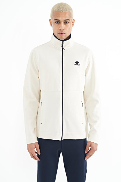 Ecru - Indigo Embroidered Logo Stand Collar Zippered Hidden Pocket Detailed Men's Tracksuit Set - 85201