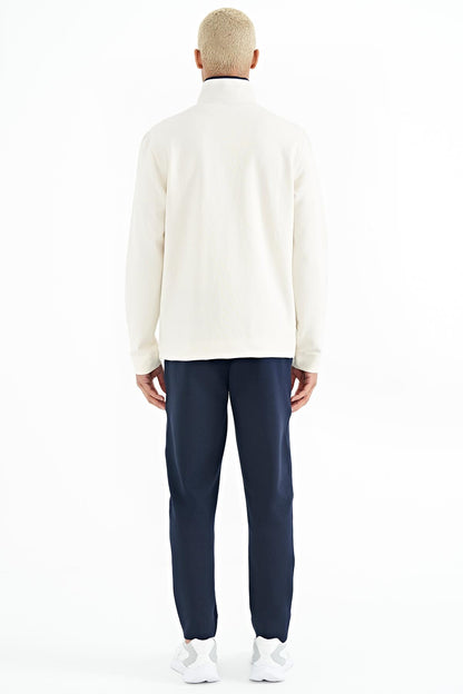 Ecru - Indigo Embroidered Logo Stand Collar Zippered Hidden Pocket Detailed Men's Tracksuit Set - 85201