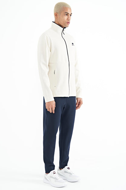 Ecru - Indigo Embroidered Logo Stand Collar Zippered Hidden Pocket Detailed Men's Tracksuit Set - 85201