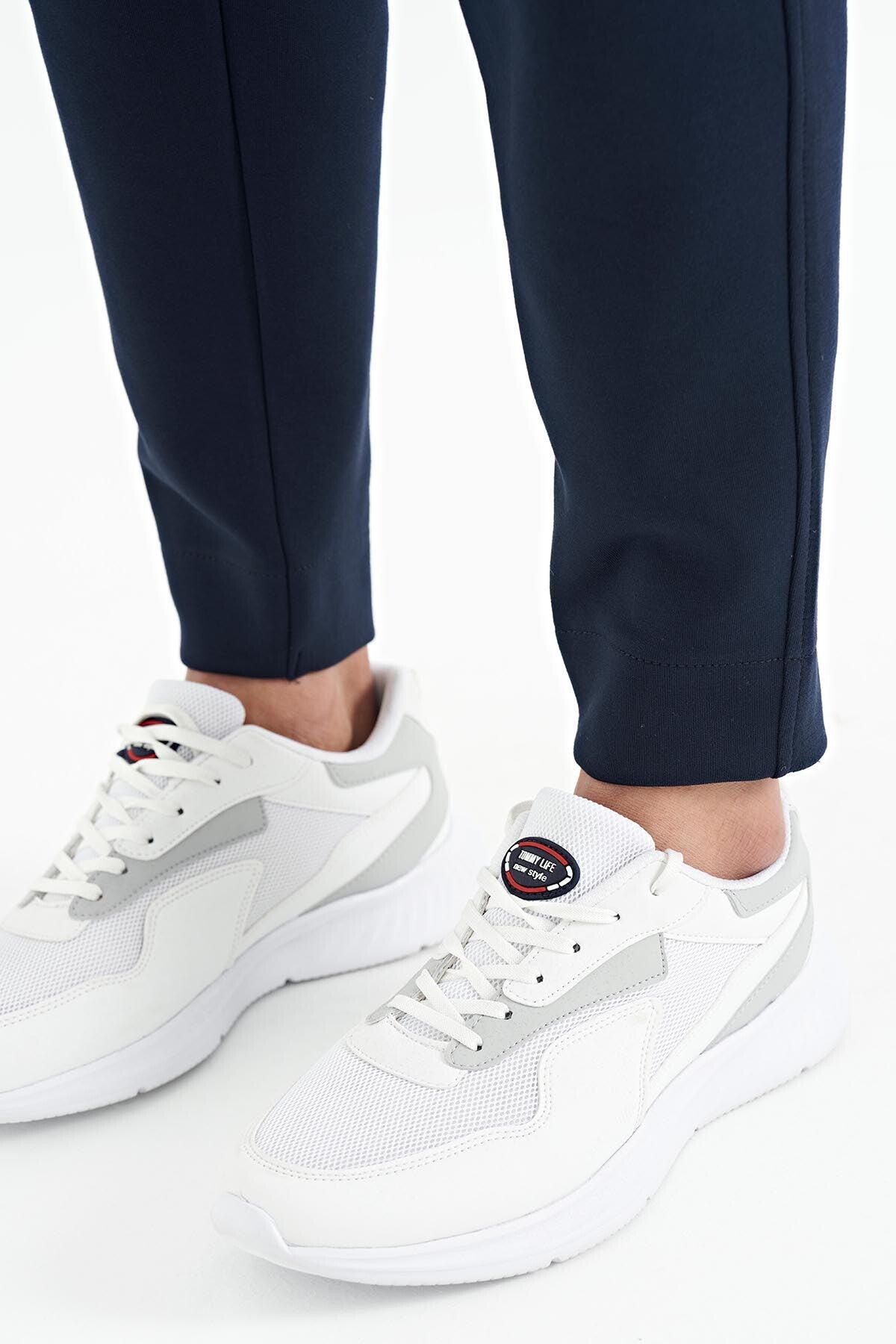 Ecru - Indigo Embroidered Logo Stand Collar Zippered Hidden Pocket Detailed Men's Tracksuit Set - 85201