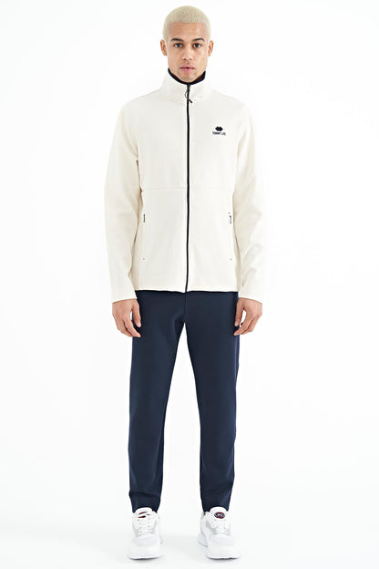 Ecru - Indigo Embroidered Logo Stand Collar Zippered Hidden Pocket Detailed Men's Tracksuit Set - 85201