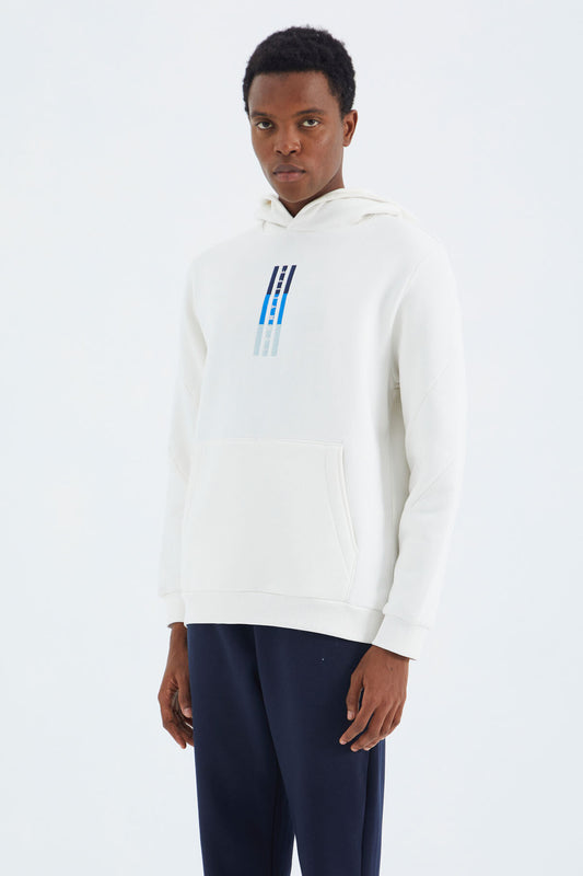 Ecru Hooded Embroidered Relaxed Fit Men's Sweatshirt - 88291