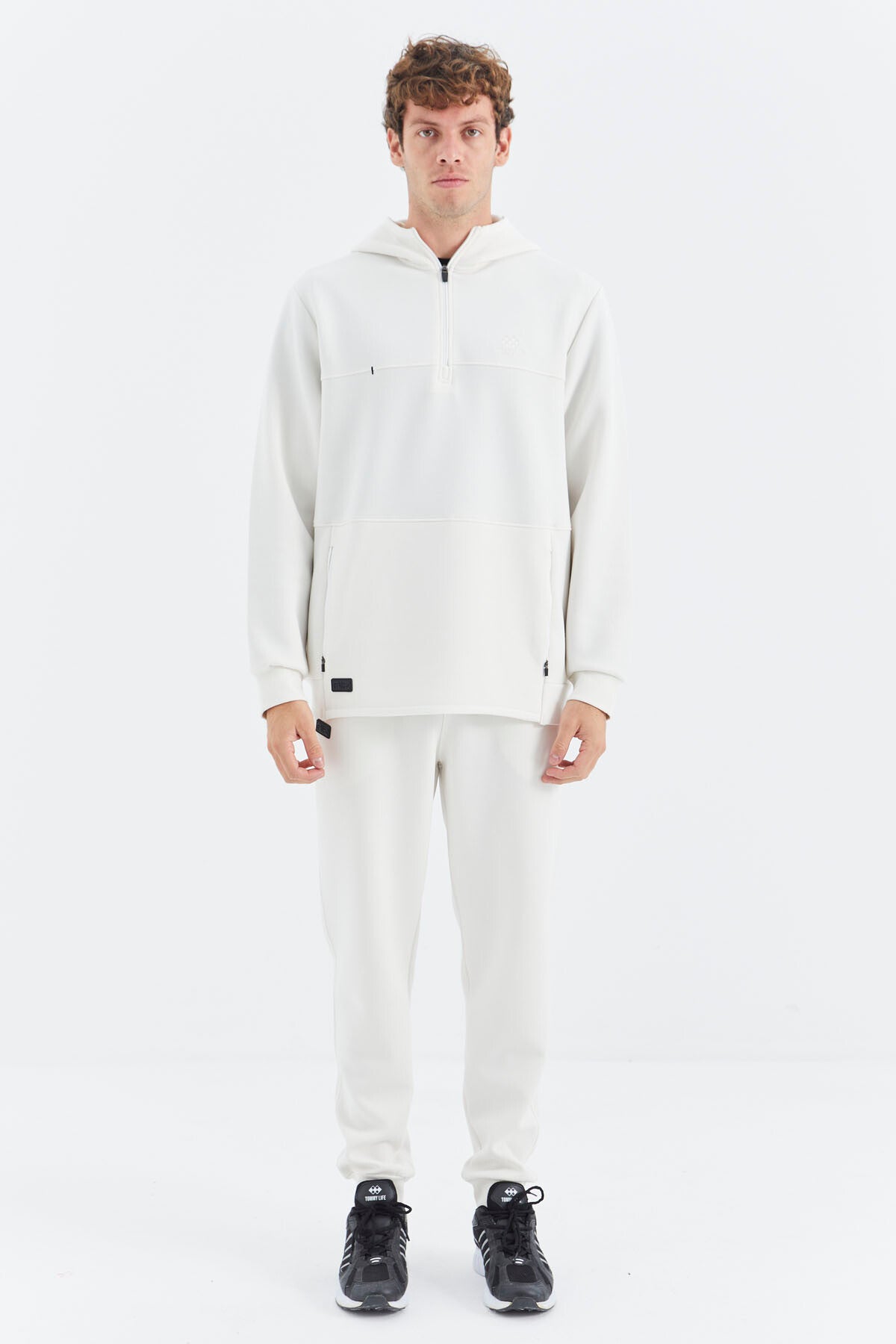 Beige Hooded Half-Zip Pocket Detailed Men's Tracksuit Set - 85222